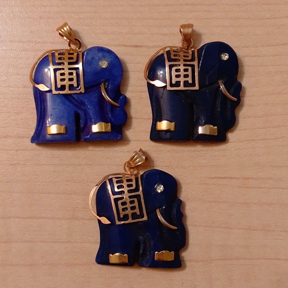 Set 3 New Vintage Blue Lapis Gem Stone Elephant Pendant